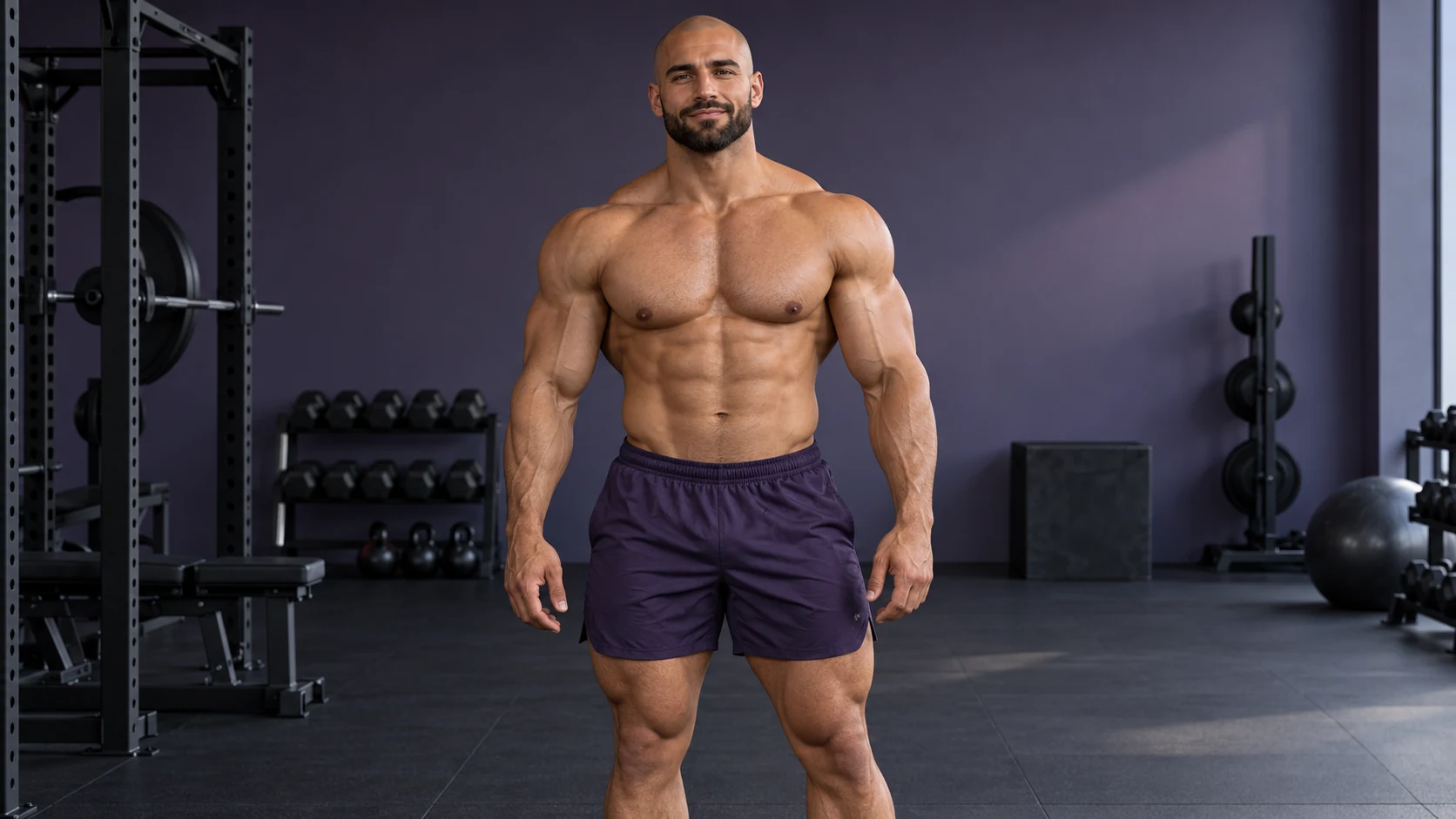 Fictional adult male bodybuilder in a gym, an original fitness illustration for Delt Edition